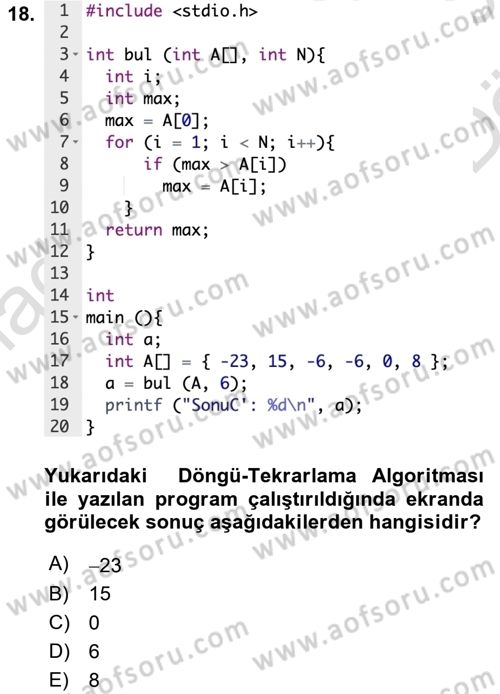 Algoritmalar Ve Programlama Dersi 2025 - 2026 Yılı (Vize) Ara Sınav Soruları 18. Soru