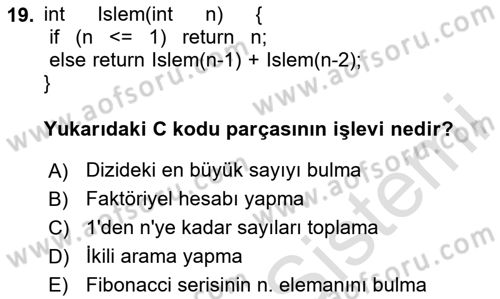 Algoritmalar Ve Programlama Dersi 2025 - 2026 Yılı (Vize) Ara Sınav Soruları 19. Soru