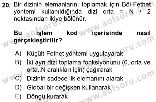 Algoritmalar Ve Programlama Dersi 2025 - 2026 Yılı (Vize) Ara Sınav Soruları 20. Soru