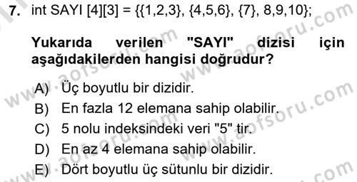 Algoritmalar Ve Programlama Dersi 2025 - 2026 Yılı (Vize) Ara Sınav Soruları 7. Soru