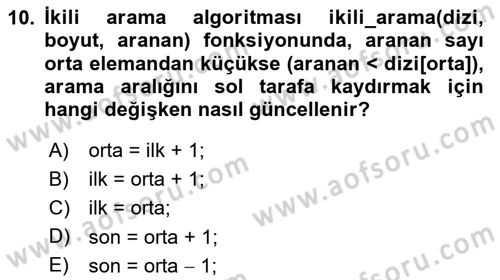 Algoritmalar Ve Programlama Dersi 2025 - 2026 Yılı (Final) Dönem Sonu Sınav Soruları 10. Soru