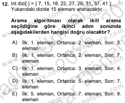 Algoritmalar Ve Programlama Dersi 2025 - 2026 Yılı (Final) Dönem Sonu Sınav Soruları 12. Soru