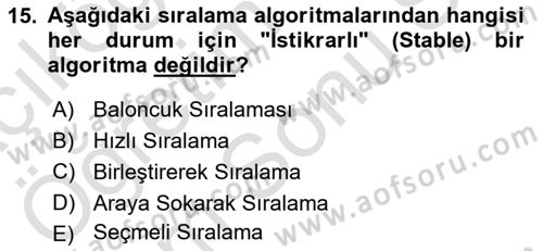 Algoritmalar Ve Programlama Dersi 2025 - 2026 Yılı (Final) Dönem Sonu Sınav Soruları 15. Soru