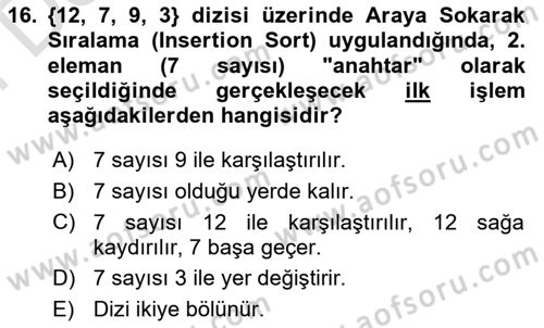 Algoritmalar Ve Programlama Dersi 2025 - 2026 Yılı (Final) Dönem Sonu Sınav Soruları 16. Soru