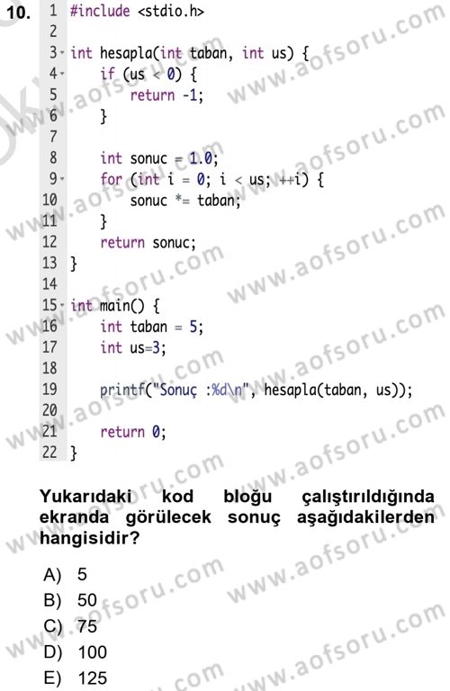 Algoritmalar Ve Programlama Dersi 2025 - 2026 Yılı Yaz Okulu Sınav Soruları 10. Soru