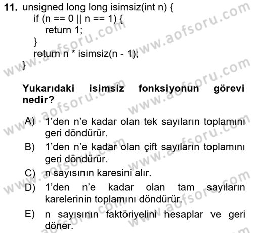 Algoritmalar Ve Programlama Dersi 2025 - 2026 Yılı Yaz Okulu Sınav Soruları 11. Soru