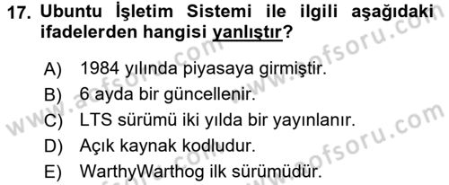 İşletim Sistemleri Dersi 2016 - 2017 Yılı (Final) Dönem Sonu Sınav Soruları 17. Soru