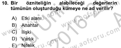 Veritabanı Sistemleri Dersi 2016 - 2017 Yılı (Vize) Ara Sınav Soruları 10. Soru