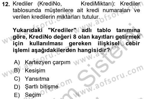 Veritabanı Sistemleri Dersi 2016 - 2017 Yılı (Vize) Ara Sınav Soruları 12. Soru