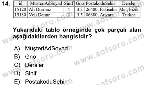 Veritabanı Sistemleri Dersi 2016 - 2017 Yılı (Vize) Ara Sınav Soruları 14. Soru