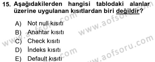 Veritabanı Sistemleri Dersi 2016 - 2017 Yılı (Vize) Ara Sınav Soruları 15. Soru