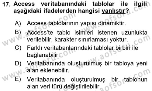 Veritabanı Sistemleri Dersi 2016 - 2017 Yılı (Vize) Ara Sınav Soruları 17. Soru