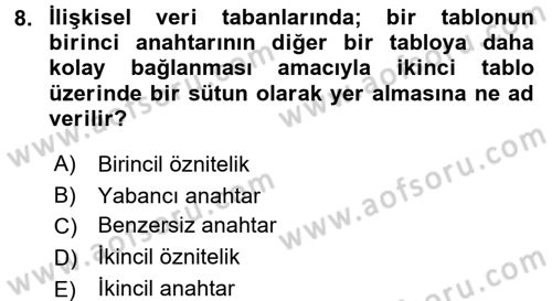 Veritabanı Sistemleri Dersi 2016 - 2017 Yılı (Vize) Ara Sınav Soruları 8. Soru