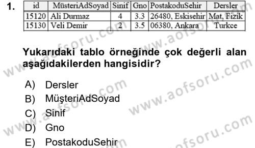 Veritabanı Sistemleri Dersi 2016 - 2017 Yılı (Final) Dönem Sonu Sınav Soruları 1. Soru