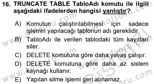 Veritabanı Sistemleri Dersi 2016 - 2017 Yılı (Final) Dönem Sonu Sınav Soruları 16. Soru