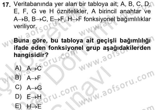 Veritabanı Sistemleri Dersi 2016 - 2017 Yılı (Final) Dönem Sonu Sınav Soruları 17. Soru
