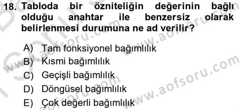 Veritabanı Sistemleri Dersi 2016 - 2017 Yılı (Final) Dönem Sonu Sınav Soruları 18. Soru