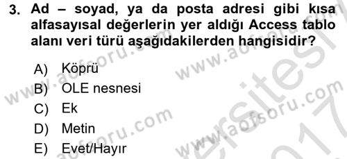 Veritabanı Sistemleri Dersi 2016 - 2017 Yılı (Final) Dönem Sonu Sınav Soruları 3. Soru