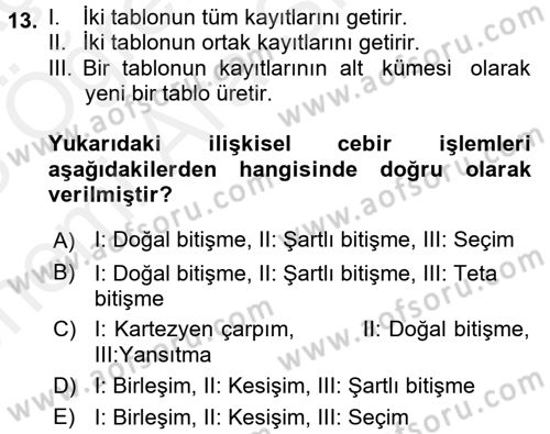 Veritabanı Sistemleri Dersi 2017 - 2018 Yılı (Vize) Ara Sınav Soruları 13. Soru