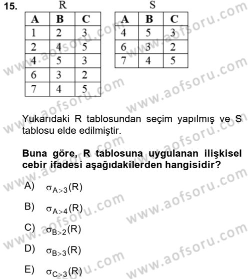 Veritabanı Sistemleri Dersi 2017 - 2018 Yılı (Vize) Ara Sınav Soruları 15. Soru