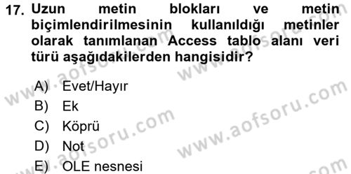 Veritabanı Sistemleri Dersi 2017 - 2018 Yılı (Vize) Ara Sınav Soruları 17. Soru