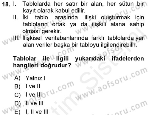 Veritabanı Sistemleri Dersi 2017 - 2018 Yılı (Vize) Ara Sınav Soruları 18. Soru