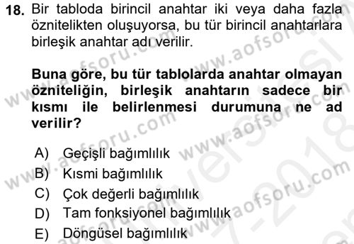 Veritabanı Sistemleri Dersi 2017 - 2018 Yılı (Final) Dönem Sonu Sınav Soruları 18. Soru