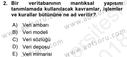 Veritabanı Sistemleri Dersi 2017 - 2018 Yılı (Final) Dönem Sonu Sınav Soruları 2. Soru