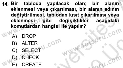 Veritabanı Sistemleri Dersi 2018 - 2019 Yılı 3 Ders Sınav Soruları 14. Soru