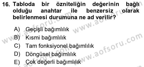 Veritabanı Sistemleri Dersi 2018 - 2019 Yılı 3 Ders Sınav Soruları 16. Soru