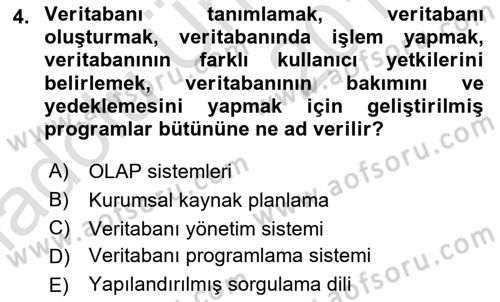 Veritabanı Sistemleri Dersi 2018 - 2019 Yılı 3 Ders Sınav Soruları 4. Soru