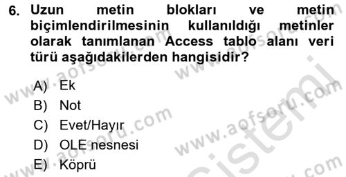 Veritabanı Sistemleri Dersi 2018 - 2019 Yılı 3 Ders Sınav Soruları 6. Soru