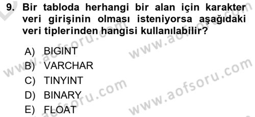 Veritabanı Sistemleri Dersi 2018 - 2019 Yılı 3 Ders Sınav Soruları 9. Soru
