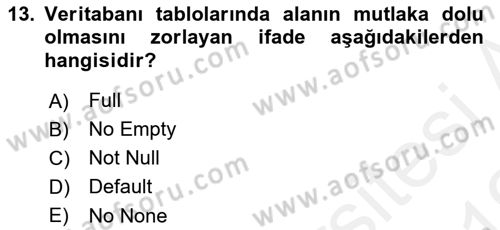 Veritabanı Sistemleri Dersi 2018 - 2019 Yılı (Vize) Ara Sınav Soruları 13. Soru
