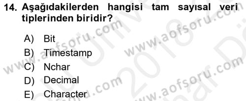 Veritabanı Sistemleri Dersi 2018 - 2019 Yılı (Vize) Ara Sınav Soruları 14. Soru