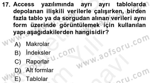 Veritabanı Sistemleri Dersi 2018 - 2019 Yılı (Vize) Ara Sınav Soruları 17. Soru