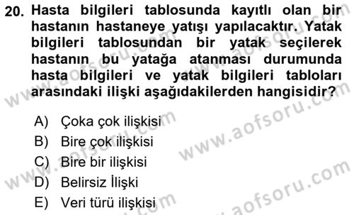 Veritabanı Sistemleri Dersi 2018 - 2019 Yılı (Vize) Ara Sınav Soruları 20. Soru