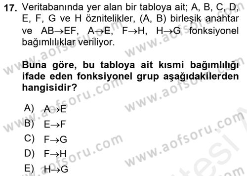 Veritabanı Sistemleri Dersi 2018 - 2019 Yılı (Final) Dönem Sonu Sınav Soruları 17. Soru