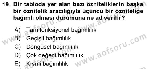 Veritabanı Sistemleri Dersi 2018 - 2019 Yılı (Final) Dönem Sonu Sınav Soruları 19. Soru