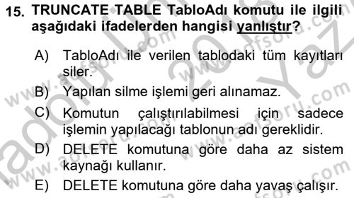 Veritabanı Sistemleri Dersi 2018 - 2019 Yılı Yaz Okulu Sınav Soruları 15. Soru