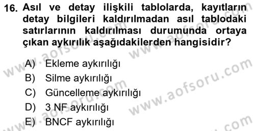 Veritabanı Sistemleri Dersi 2018 - 2019 Yılı Yaz Okulu Sınav Soruları 16. Soru