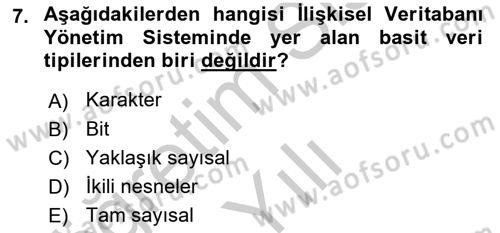 Veritabanı Sistemleri Dersi 2018 - 2019 Yılı Yaz Okulu Sınav Soruları 7. Soru