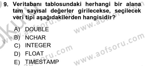 Veritabanı Sistemleri Dersi 2018 - 2019 Yılı Yaz Okulu Sınav Soruları 9. Soru