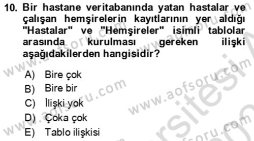 Veritabanı Sistemleri Dersi 2020 - 2021 Yılı Yaz Okulu Sınav Soruları 10. Soru