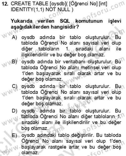 Veritabanı Sistemleri Dersi 2020 - 2021 Yılı Yaz Okulu Sınav Soruları 12. Soru