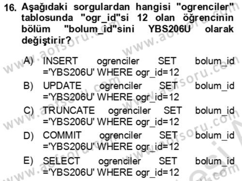 Veritabanı Sistemleri Dersi 2020 - 2021 Yılı Yaz Okulu Sınav Soruları 16. Soru