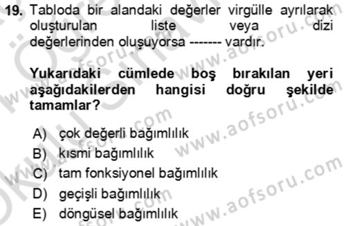 Veritabanı Sistemleri Dersi 2020 - 2021 Yılı Yaz Okulu Sınav Soruları 19. Soru
