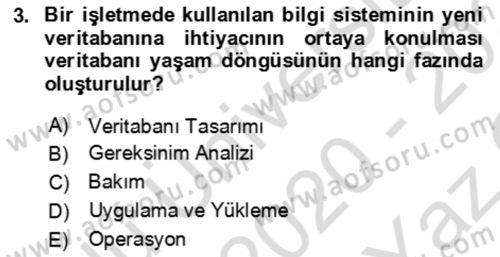 Veritabanı Sistemleri Dersi 2020 - 2021 Yılı Yaz Okulu Sınav Soruları 3. Soru