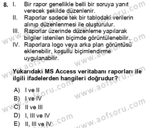 Veritabanı Sistemleri Dersi 2020 - 2021 Yılı Yaz Okulu Sınav Soruları 8. Soru