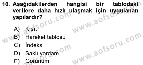 Veritabanı Sistemleri Dersi 2021 - 2022 Yılı (Vize) Ara Sınav Soruları 10. Soru